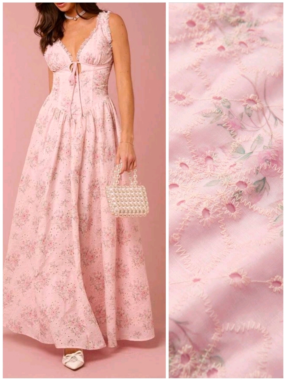 New Lace Trimmed Embroidered Eyelet Lace Tie Trim Floral Maxi Dress Pink